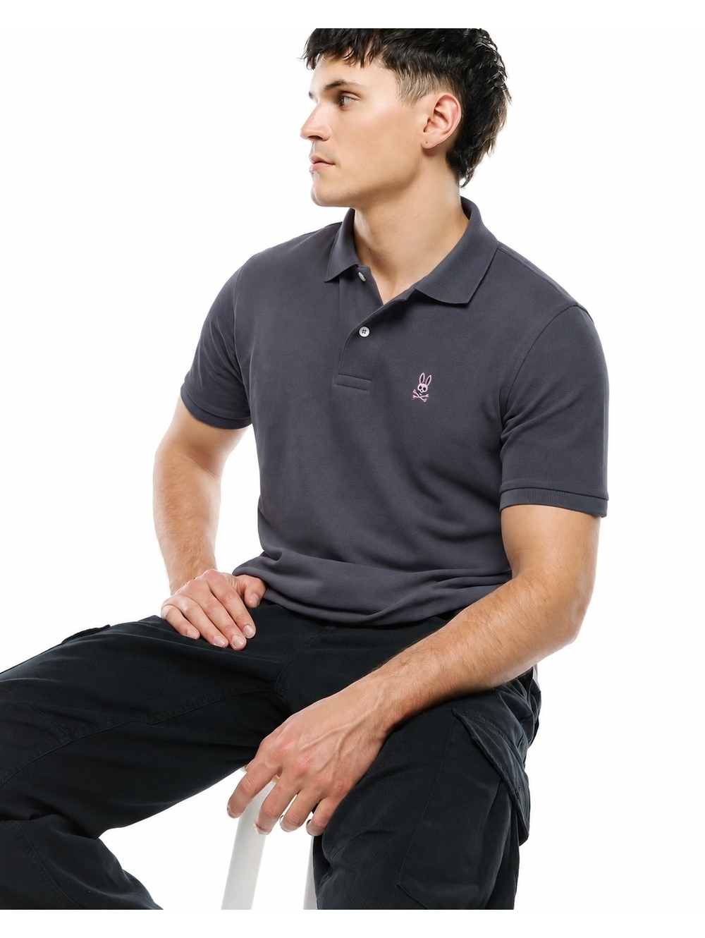 Psycho Bunny Pima Cotton Polo Shirt Gray Pink Logo Preppy Mens Size 6 Large